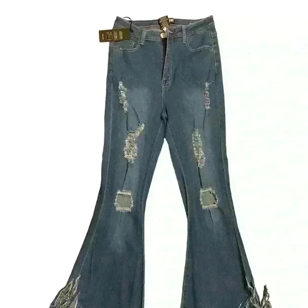 Ladies Ripped Flare Jeans Raw Hem Size L High Waist